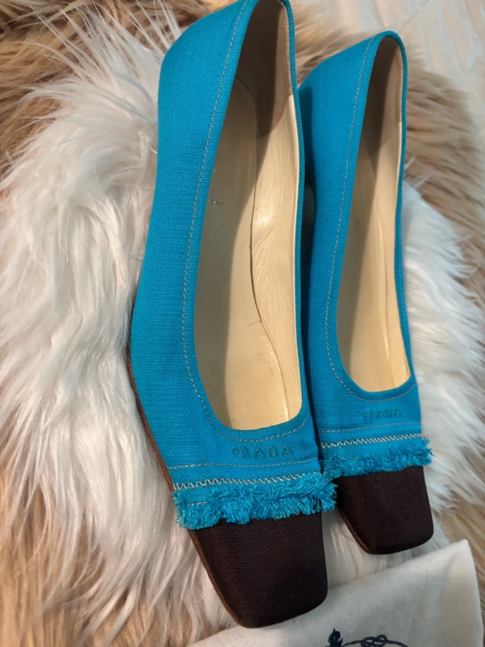 Prada Turquoise Canvas Pumps with Brown Square Toe - Picture 4 of 7
